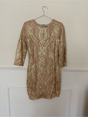 TFNC Nude Sequin-Embellished Long Sleeve Sheath Dress
